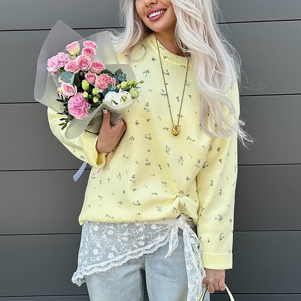 Vintage Bloom Print Crewneck Knit Pullover Sweater - Yellow