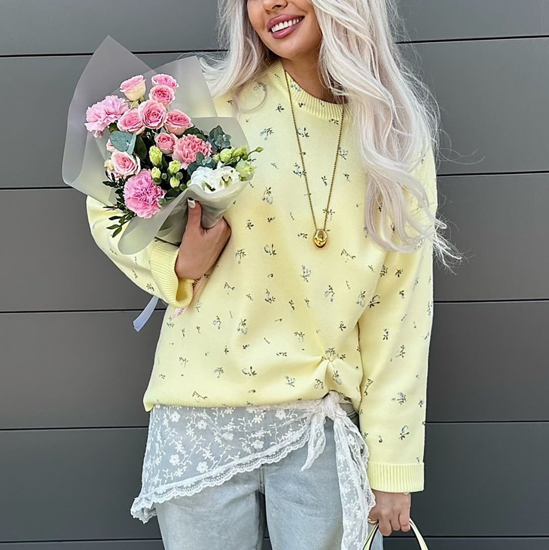 Vintage Bloom Print Crewneck Knit Pullover Sweater - Yellow