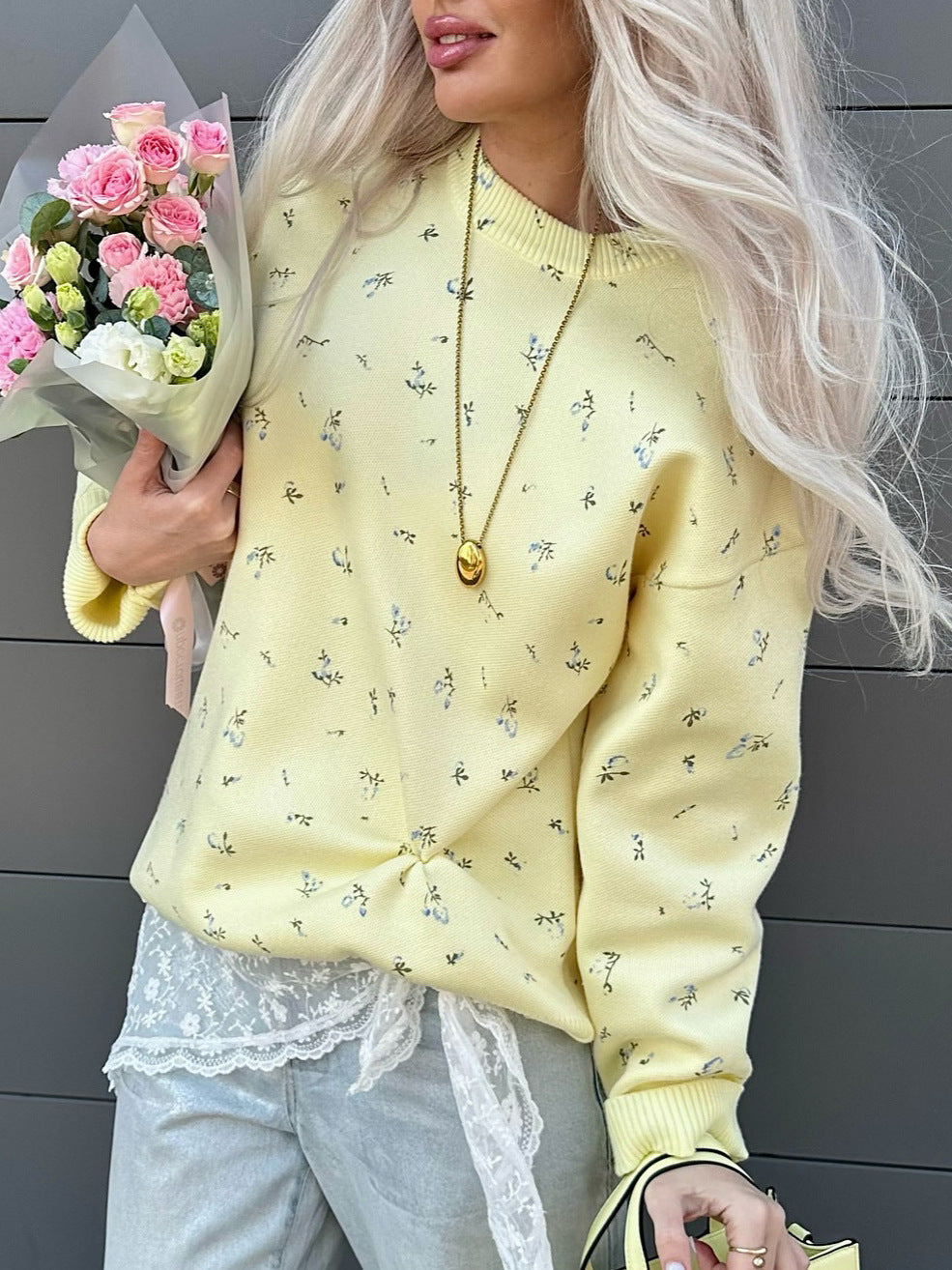 Vintage Bloom Print Crewneck Knit Pullover Sweater - Yellow - 1