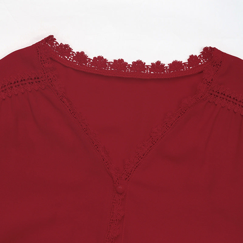 Scalloped V-Neck Button Front Blouse - Red - 1