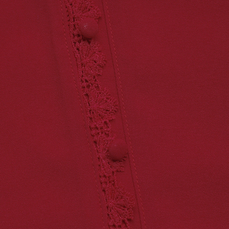 Scalloped V-Neck Button Front Blouse - Red - 2