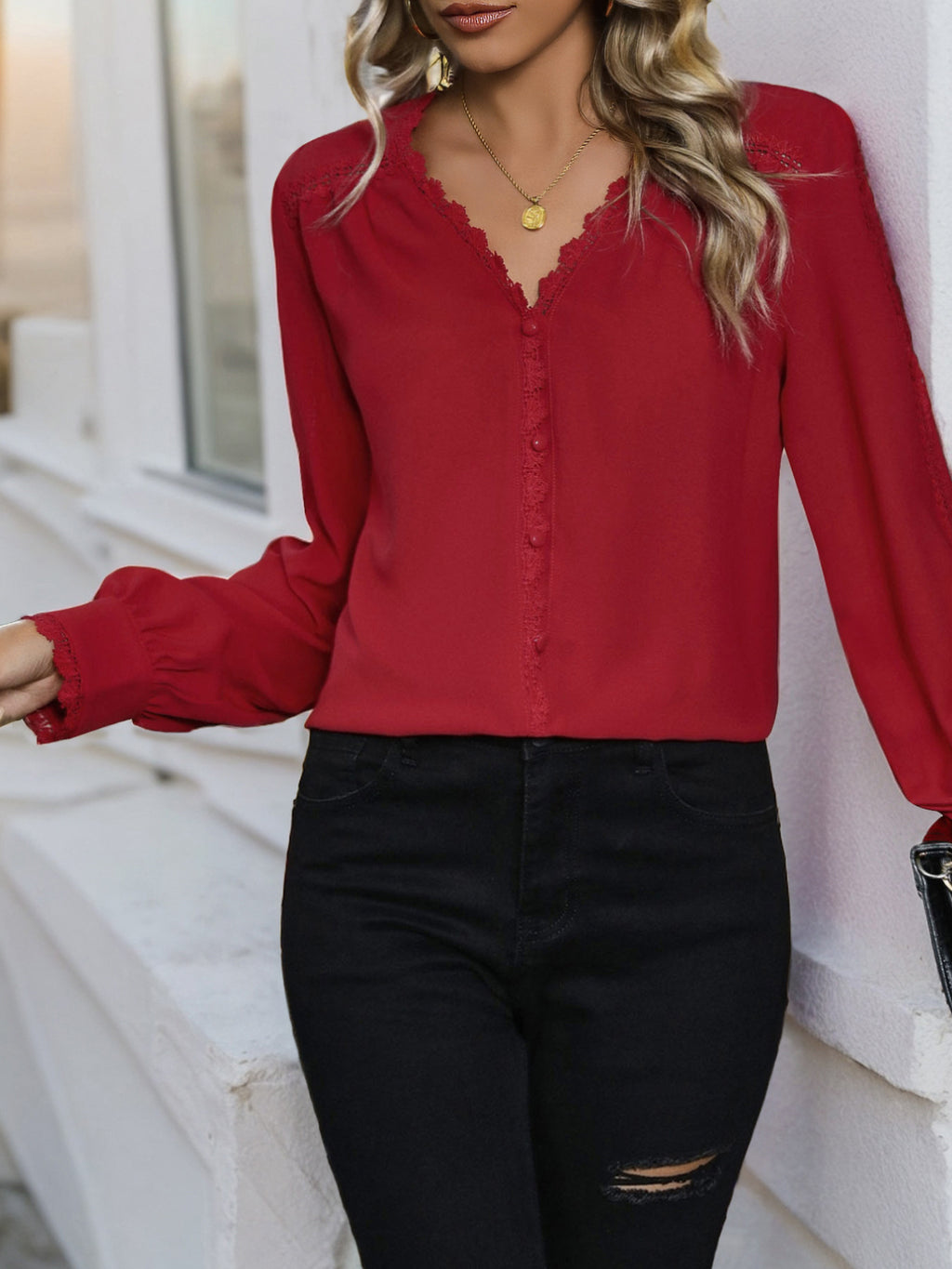 Scalloped V-Neck Button Front Blouse - view 1