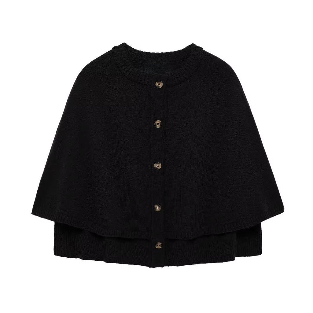 Button Front Knit Cape Cardigan - Black