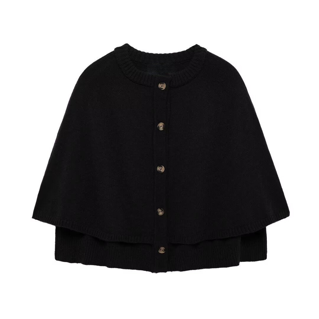 Button Front Knit Cape Cardigan - Black