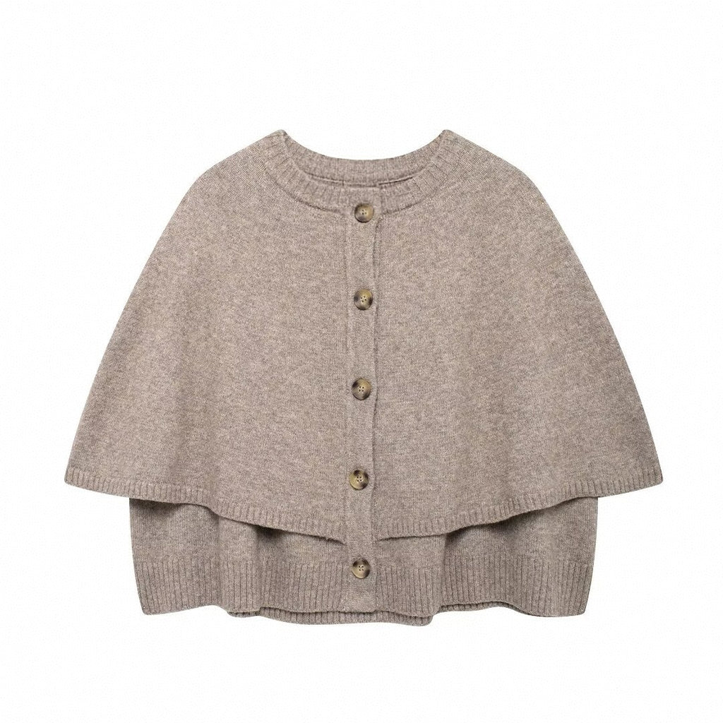 Button Front Knit Cape Cardigan - Khaki