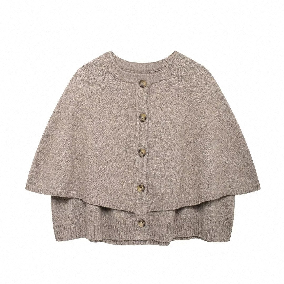 Button Front Knit Cape Cardigan - Khaki