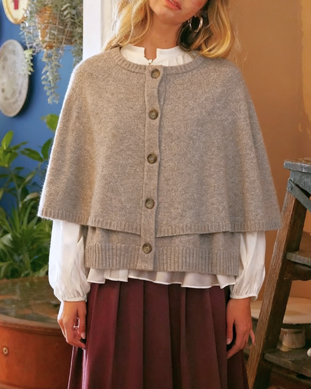 Button Front Knit Cape Cardigan - Khaki - 2