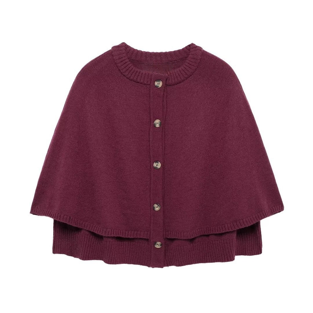 Button Front Knit Cape Cardigan - Red