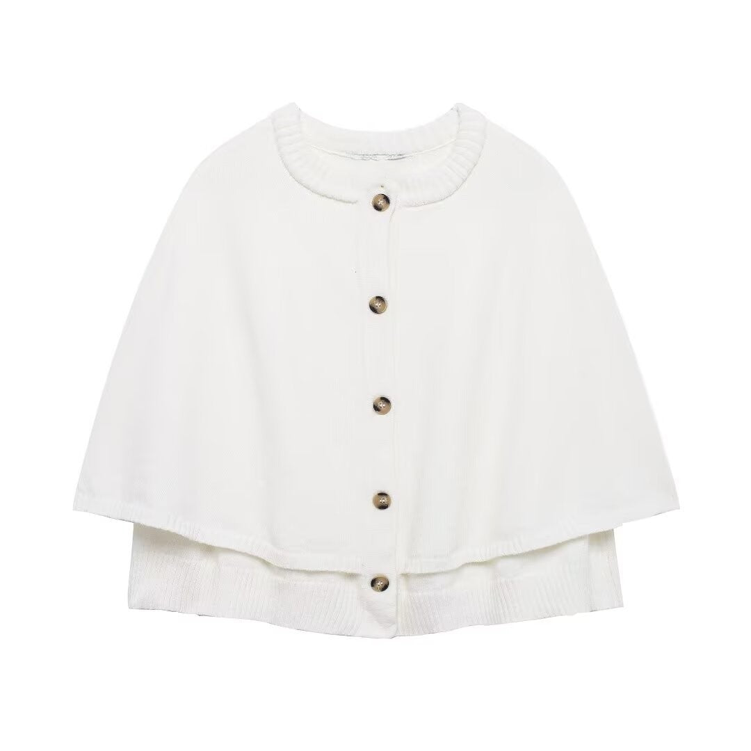 Button Front Knit Cape Cardigan - White