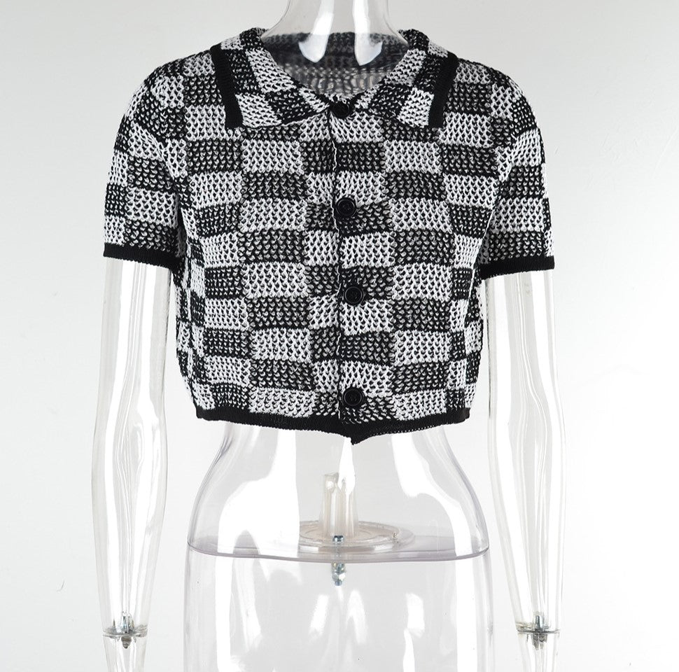 Cropped Checkerboard Knit Button Front Top - Black - 1