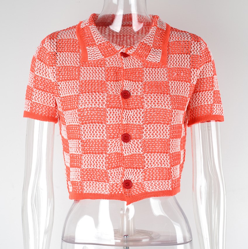 Cropped Checkerboard Knit Button Front Top - Orange - 2