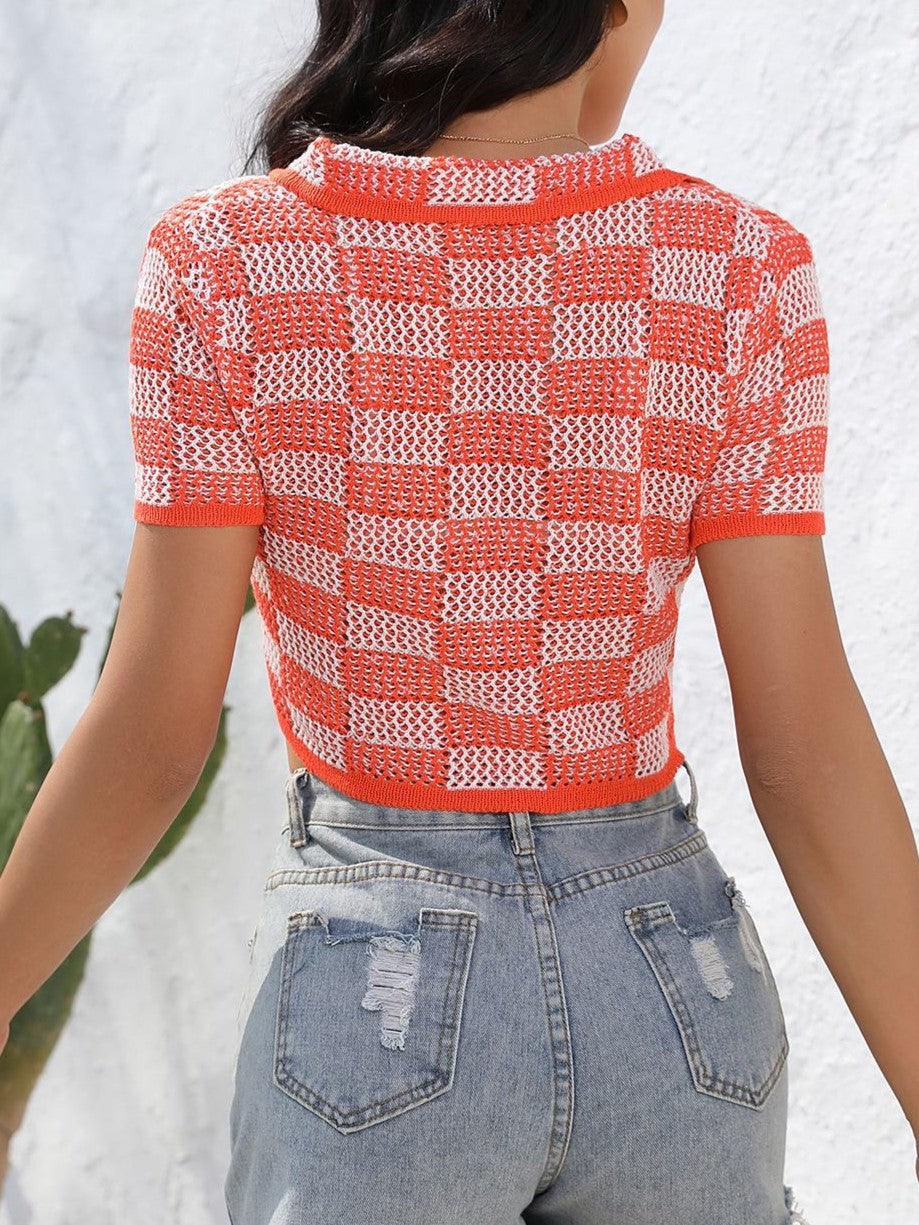 Cropped Checkerboard Knit Button Front Top - Orange - 3