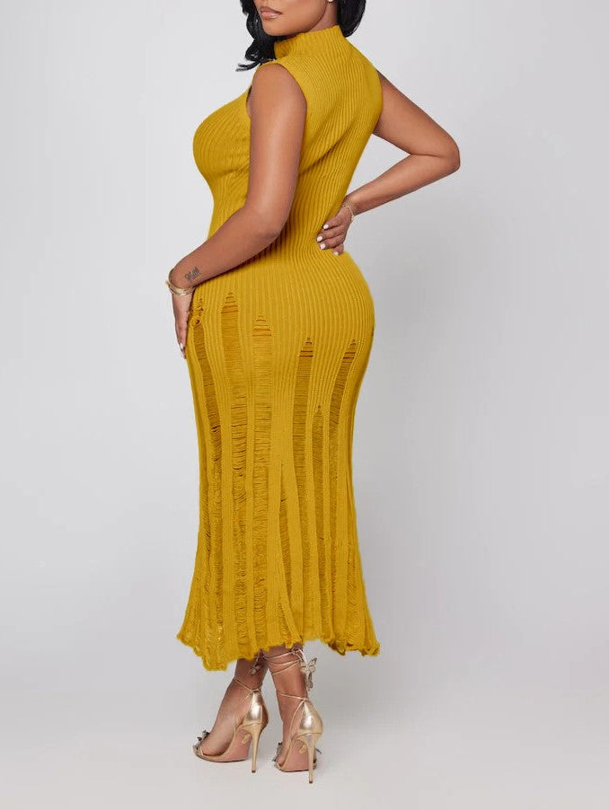 Ladder Cut Out Ribbed Knit Maxi Dress - Yellow