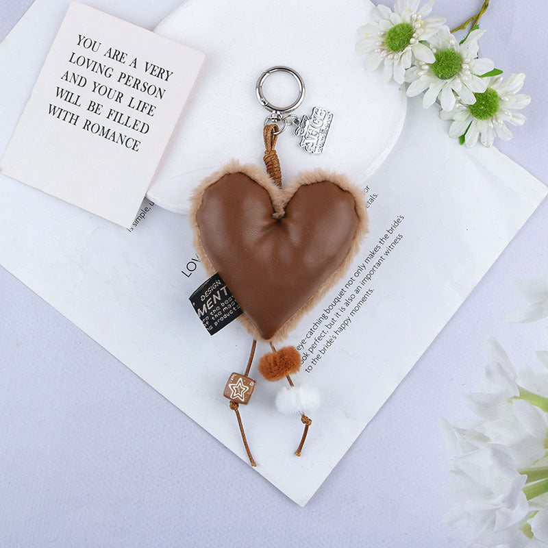 Puffy Heart Plush Bag Charm Keychain - Brown