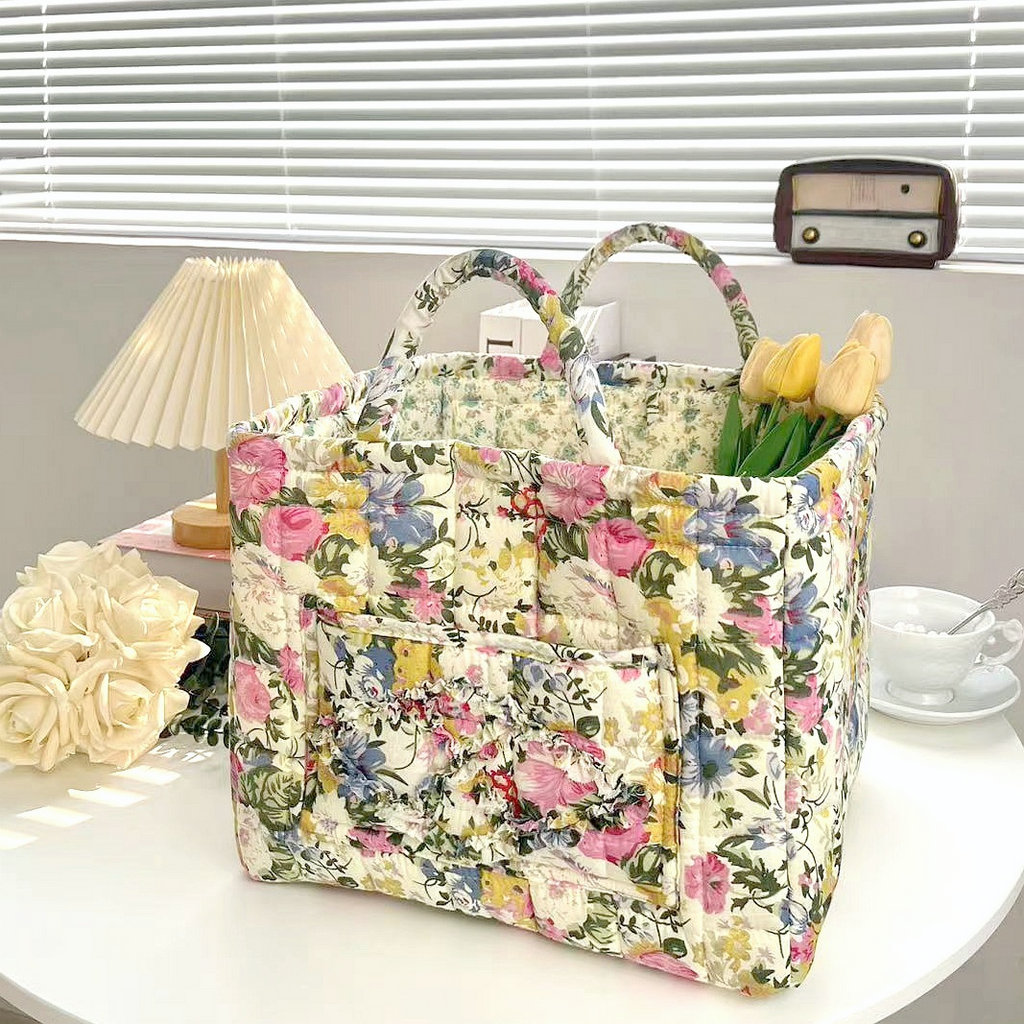 Quilted Floral Open-Top Basket Bag with Carry Handles - BColor