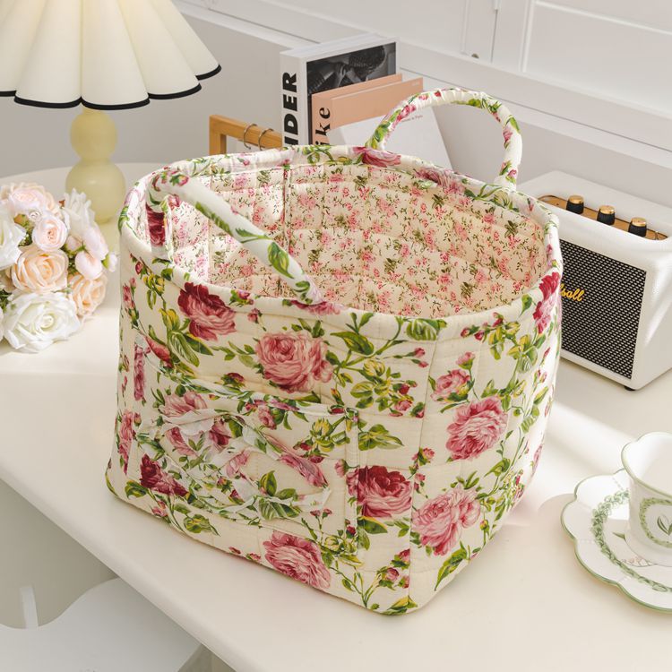 Quilted Floral Open-Top Basket Bag with Carry Handles - Beige