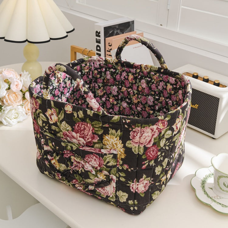 Quilted Floral Open-Top Basket Bag with Carry Handles - Black