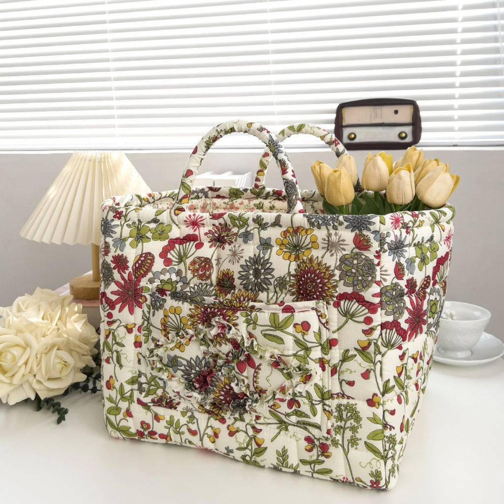 Quilted Floral Open-Top Basket Bag with Carry Handles - CBeige