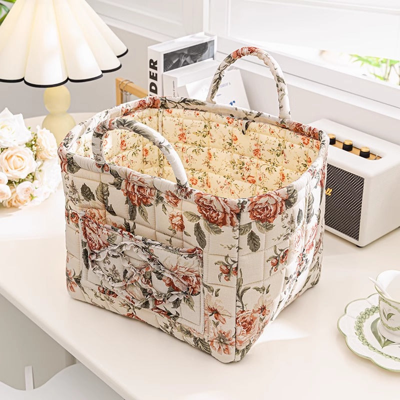 Quilted Floral Open-Top Basket Bag with Carry Handles - DBeige