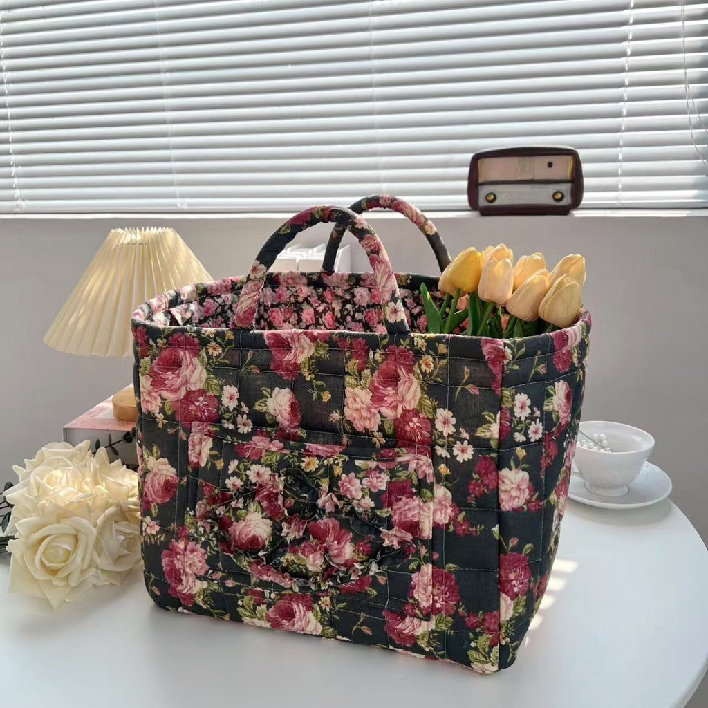 Quilted Floral Open-Top Basket Bag with Carry Handles - DBlack