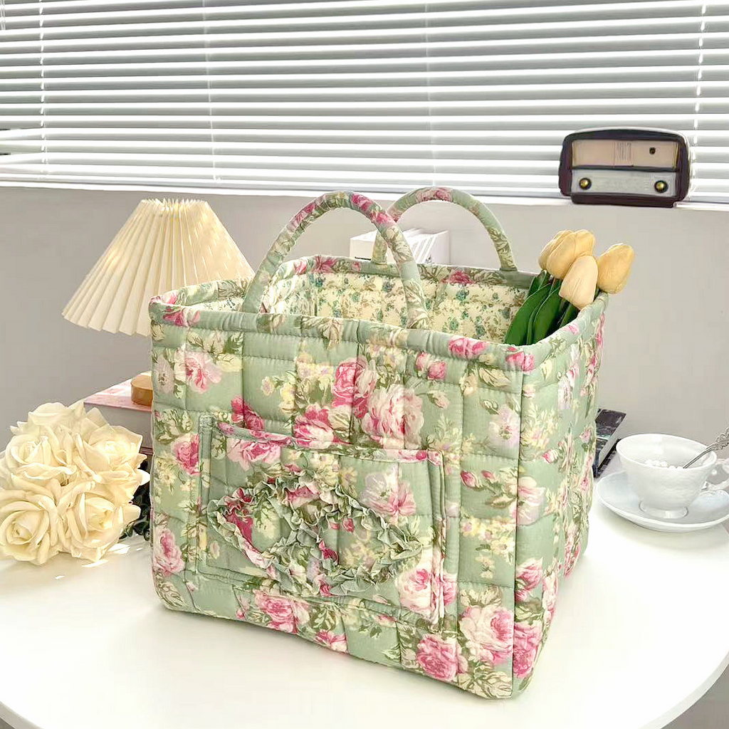 Quilted Floral Open-Top Basket Bag with Carry Handles - DGreen