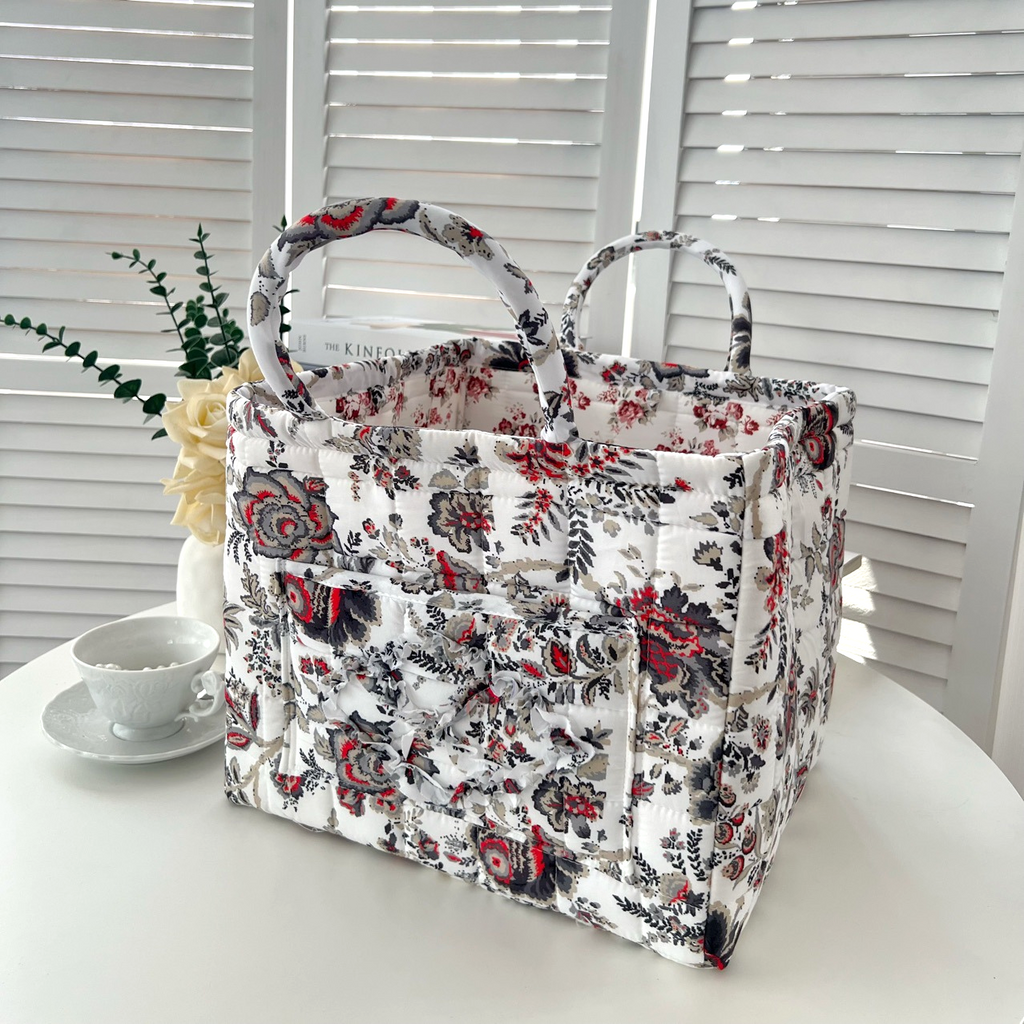 Quilted Floral Open-Top Basket Bag with Carry Handles - DWhite