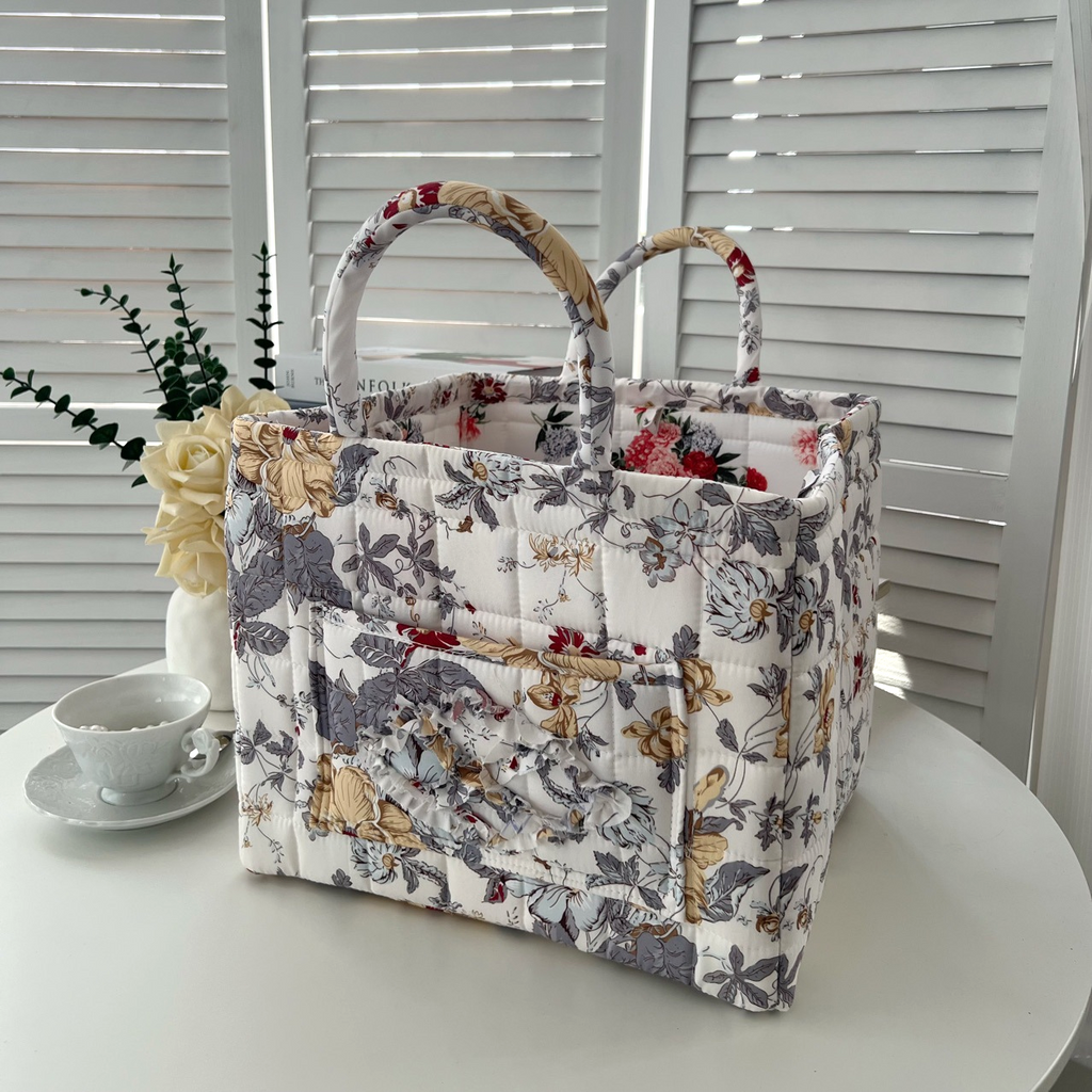 Quilted Floral Open-Top Basket Bag with Carry Handles - GWhite