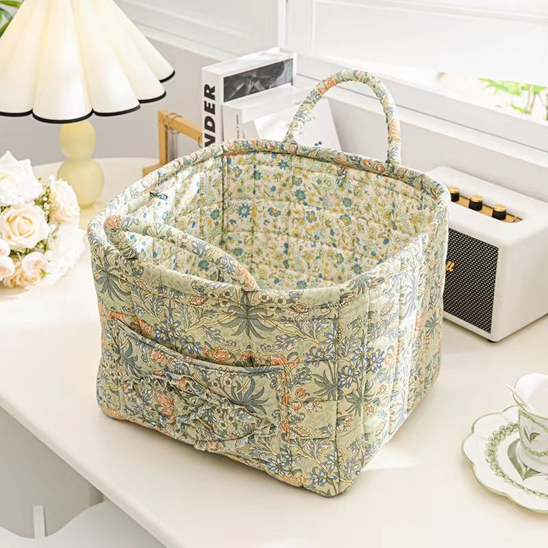 Quilted Floral Open-Top Basket Bag with Carry Handles - Grass