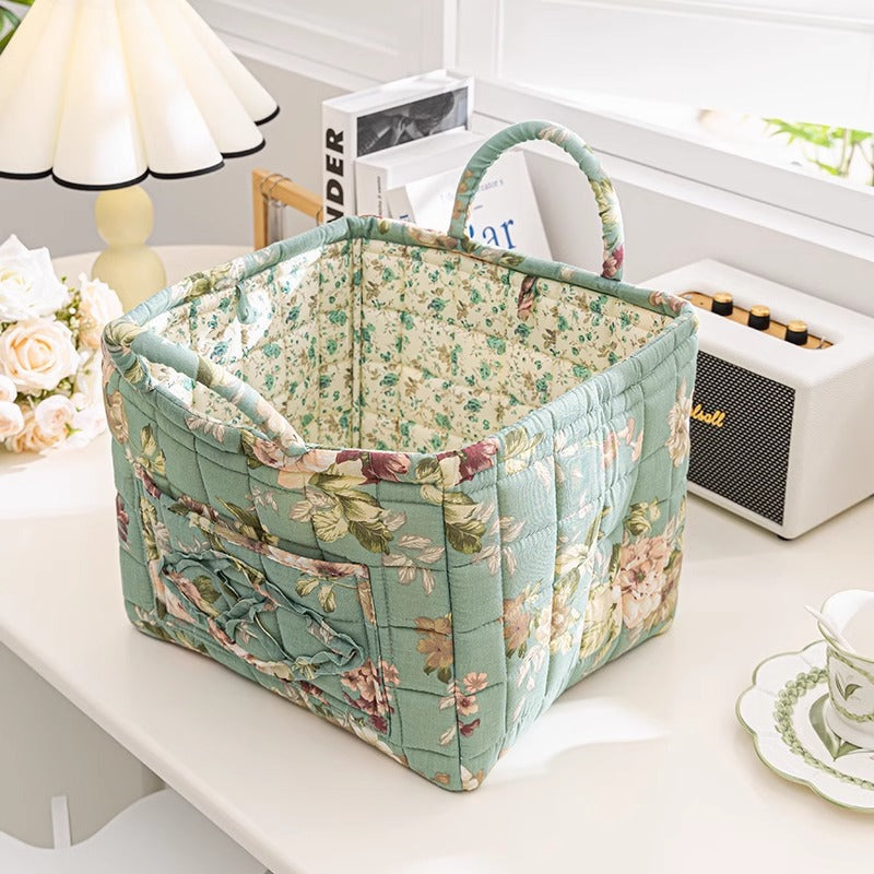 Quilted Floral Open-Top Basket Bag with Carry Handles - Green