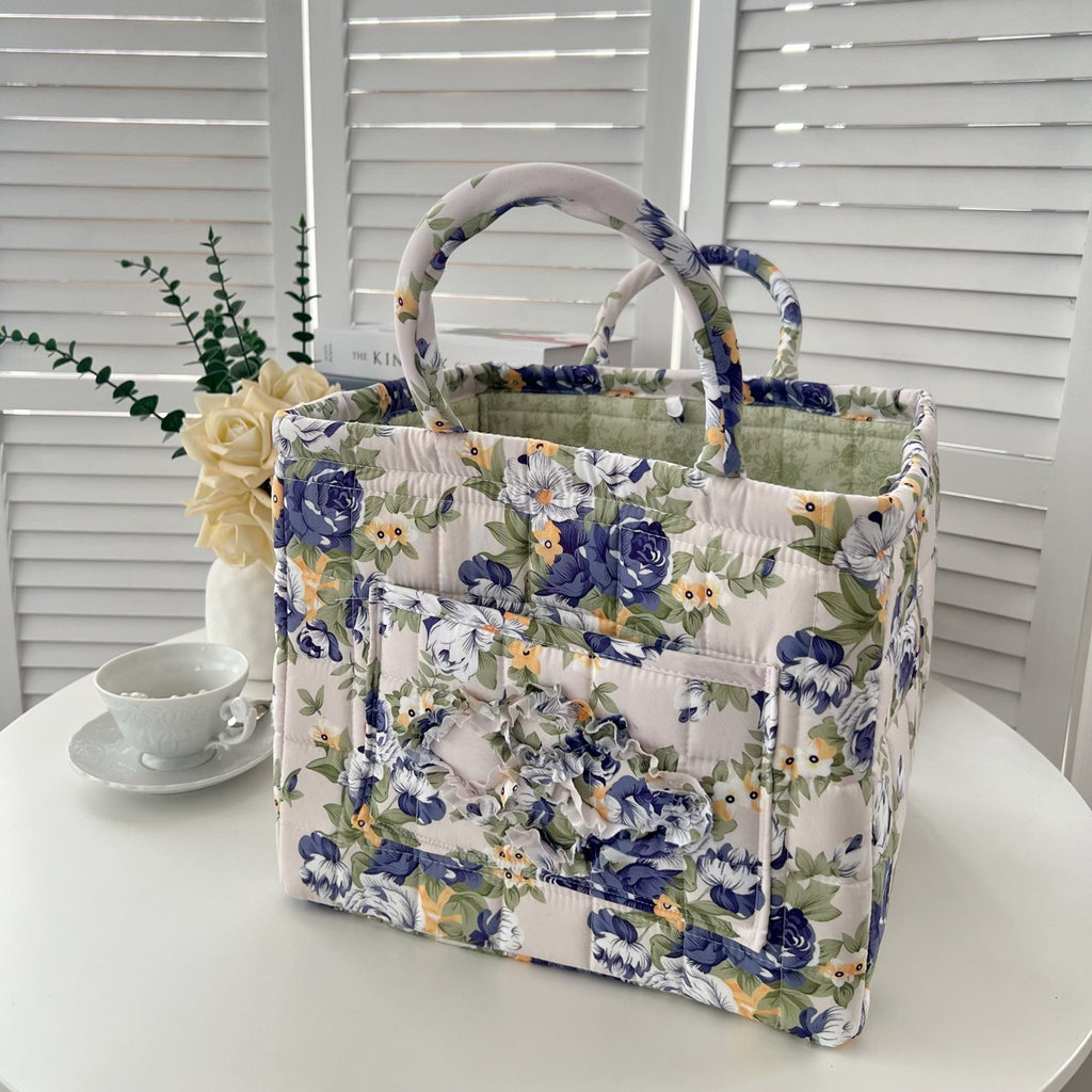 Quilted Floral Open-Top Basket Bag with Carry Handles - Grey