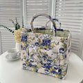 Quilted Floral Open-Top Basket Bag with Carry Handles - Grey