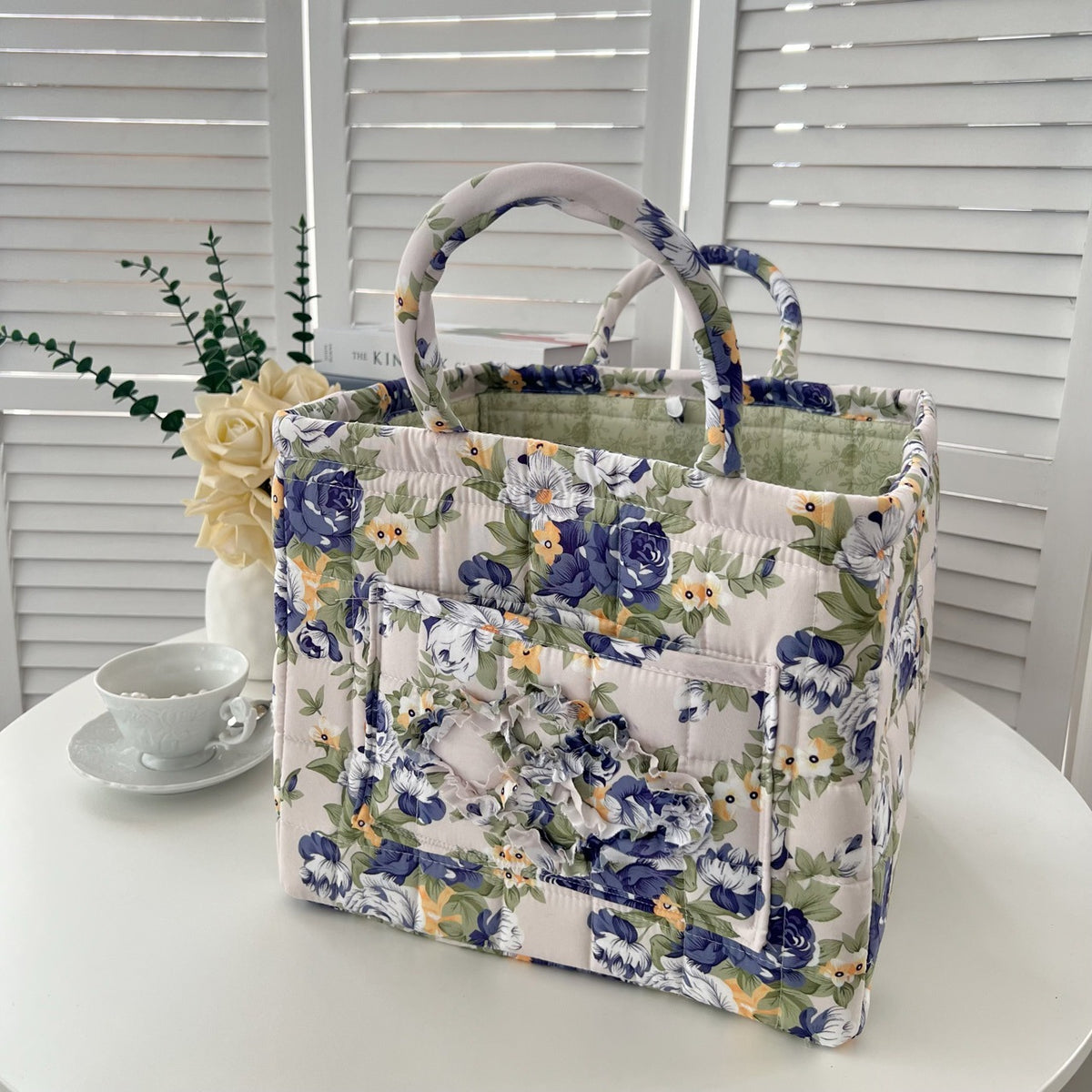 Quilted Floral Open-Top Basket Bag with Carry Handles - Grey