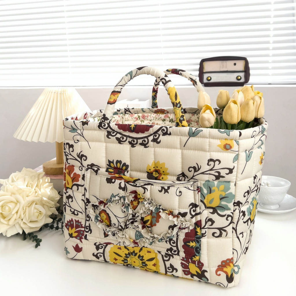Quilted Floral Open-Top Basket Bag with Carry Handles - Khaki