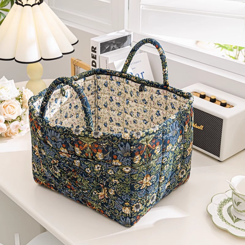 Quilted Floral Open-Top Basket Bag with Carry Handles - NBlue