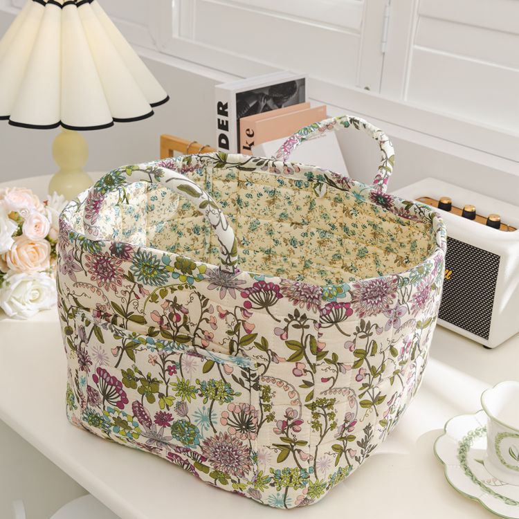 Quilted Floral Open-Top Basket Bag with Carry Handles - PBeige
