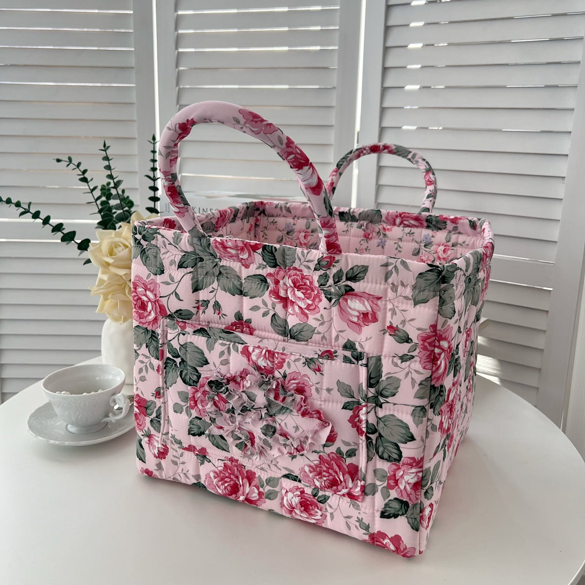 Quilted Floral Open-Top Basket Bag with Carry Handles - Pink