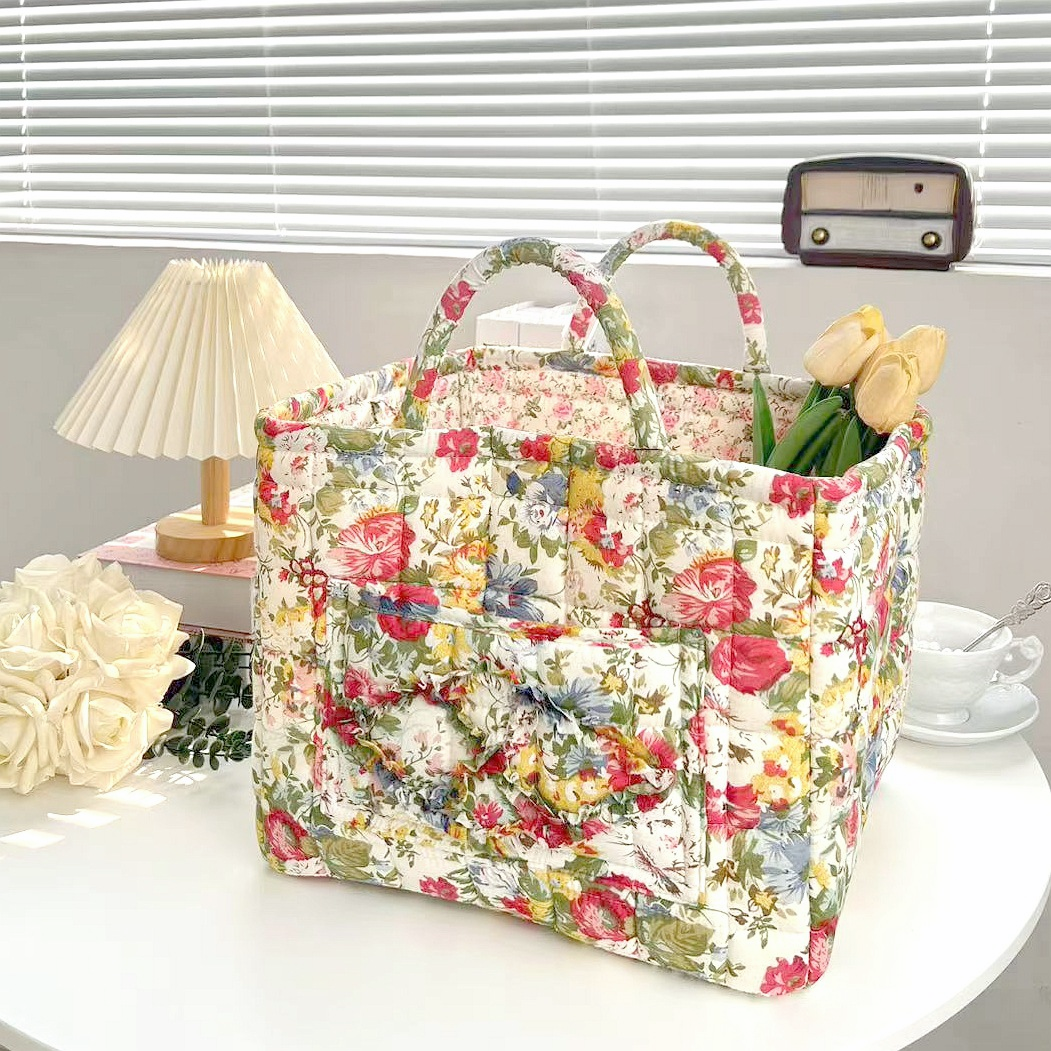 Quilted Floral Open-Top Basket Bag with Carry Handles - RColor
