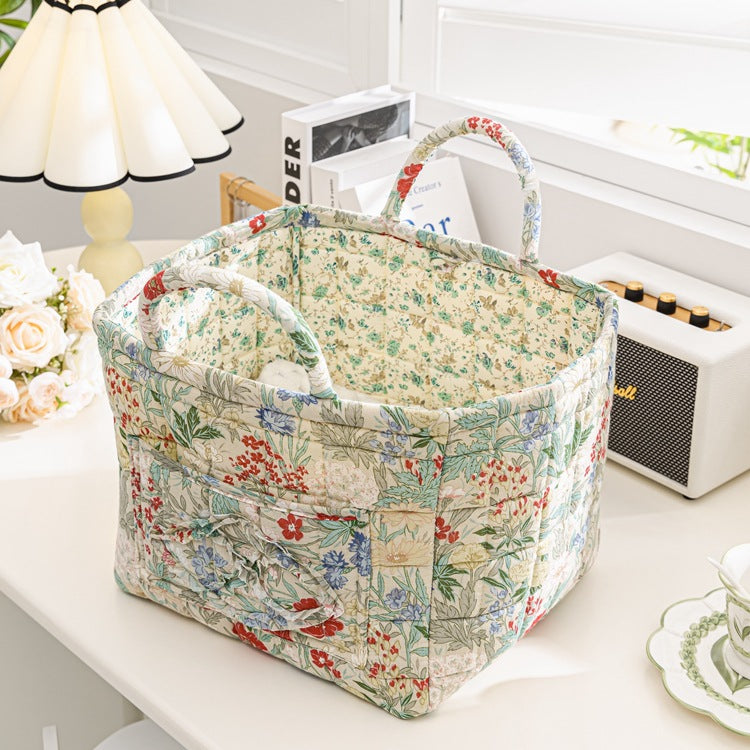 Quilted Floral Open-Top Basket Bag with Carry Handles - Teal
