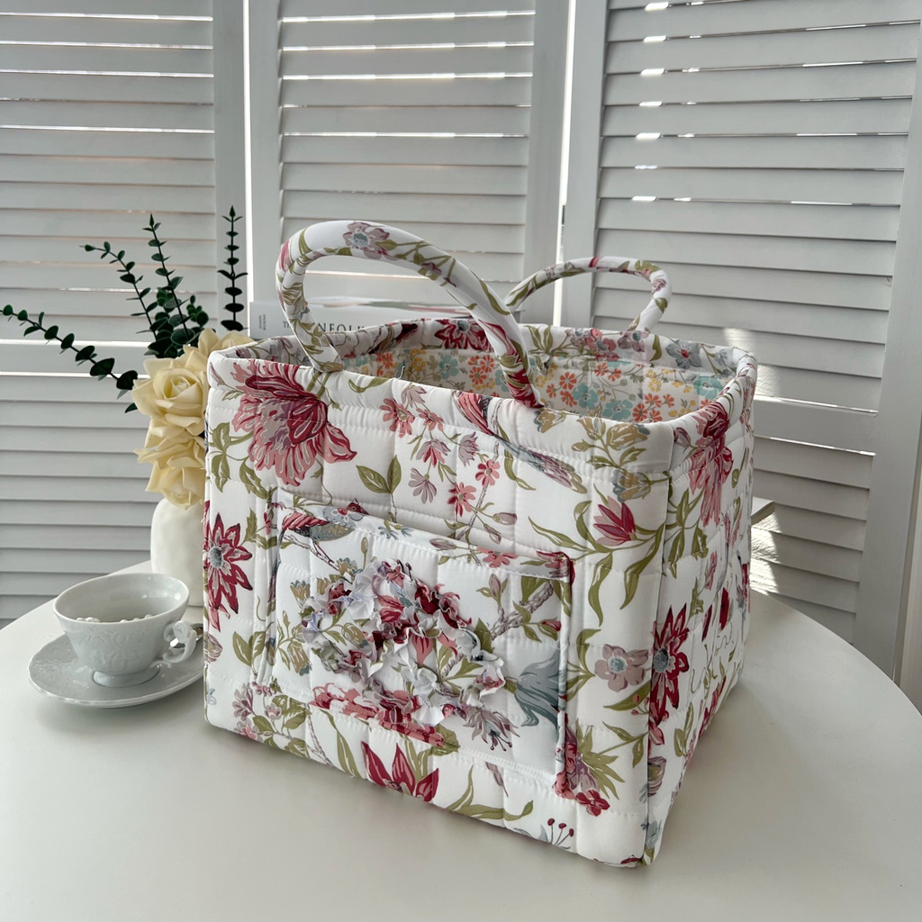 Quilted Floral Open-Top Basket Bag with Carry Handles - White