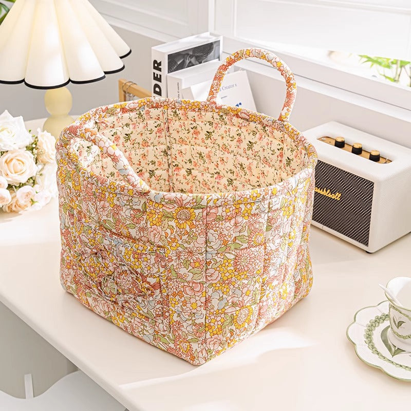 Quilted Floral Open-Top Basket Bag with Carry Handles - Yellow