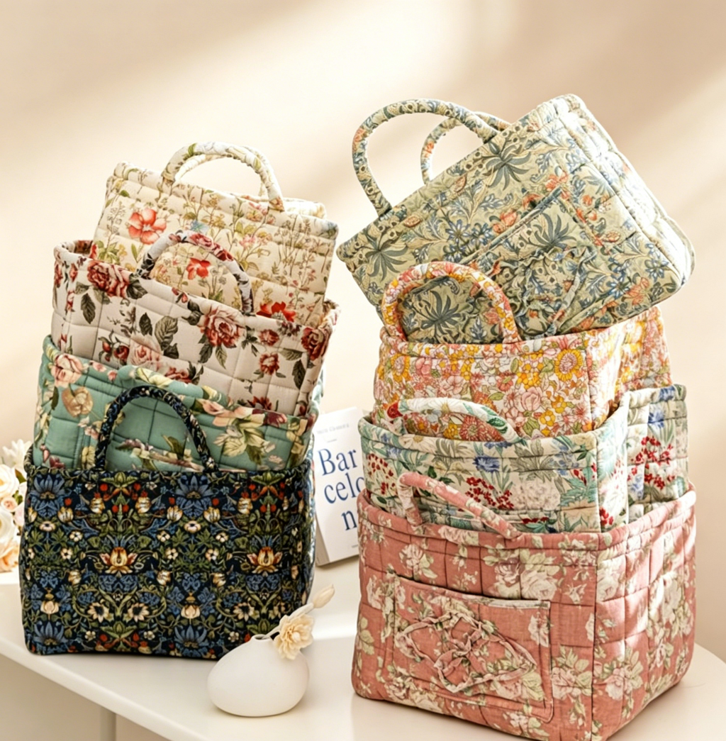 Quilted Floral Open-Top Basket Bag with Carry Handles - Yellow - 2
