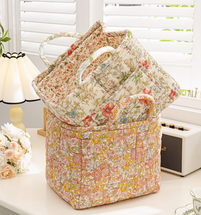 Quilted Floral Open-Top Basket Bag with Carry Handles - Yellow - 3