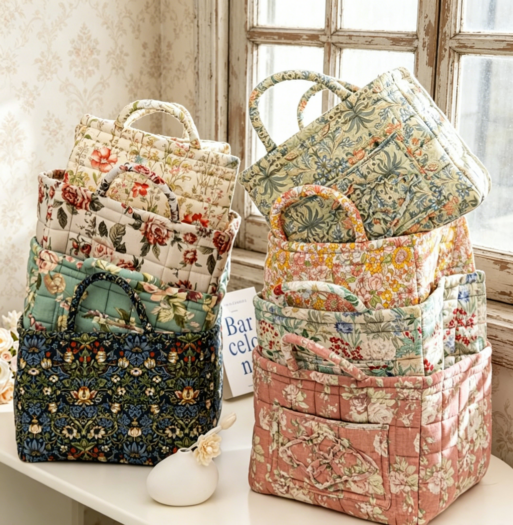 Quilted Floral Open-Top Basket Bag with Carry Handles - Yellow - 4