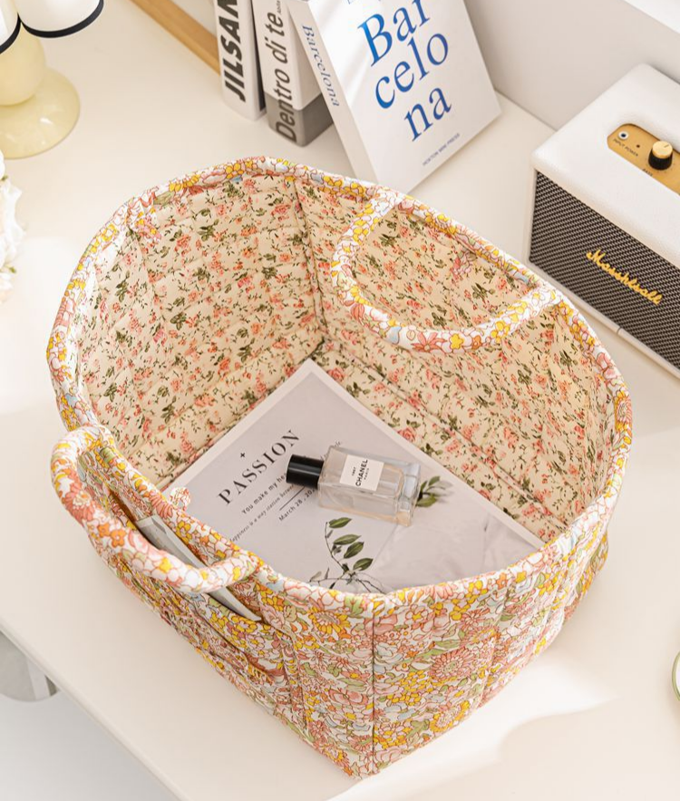 Quilted Floral Open-Top Basket Bag with Carry Handles - Yellow - 6