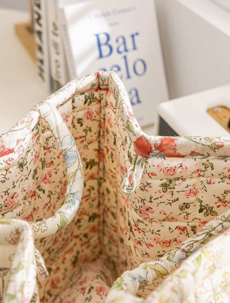Quilted Floral Open-Top Basket Bag with Carry Handles - Yellow - 7