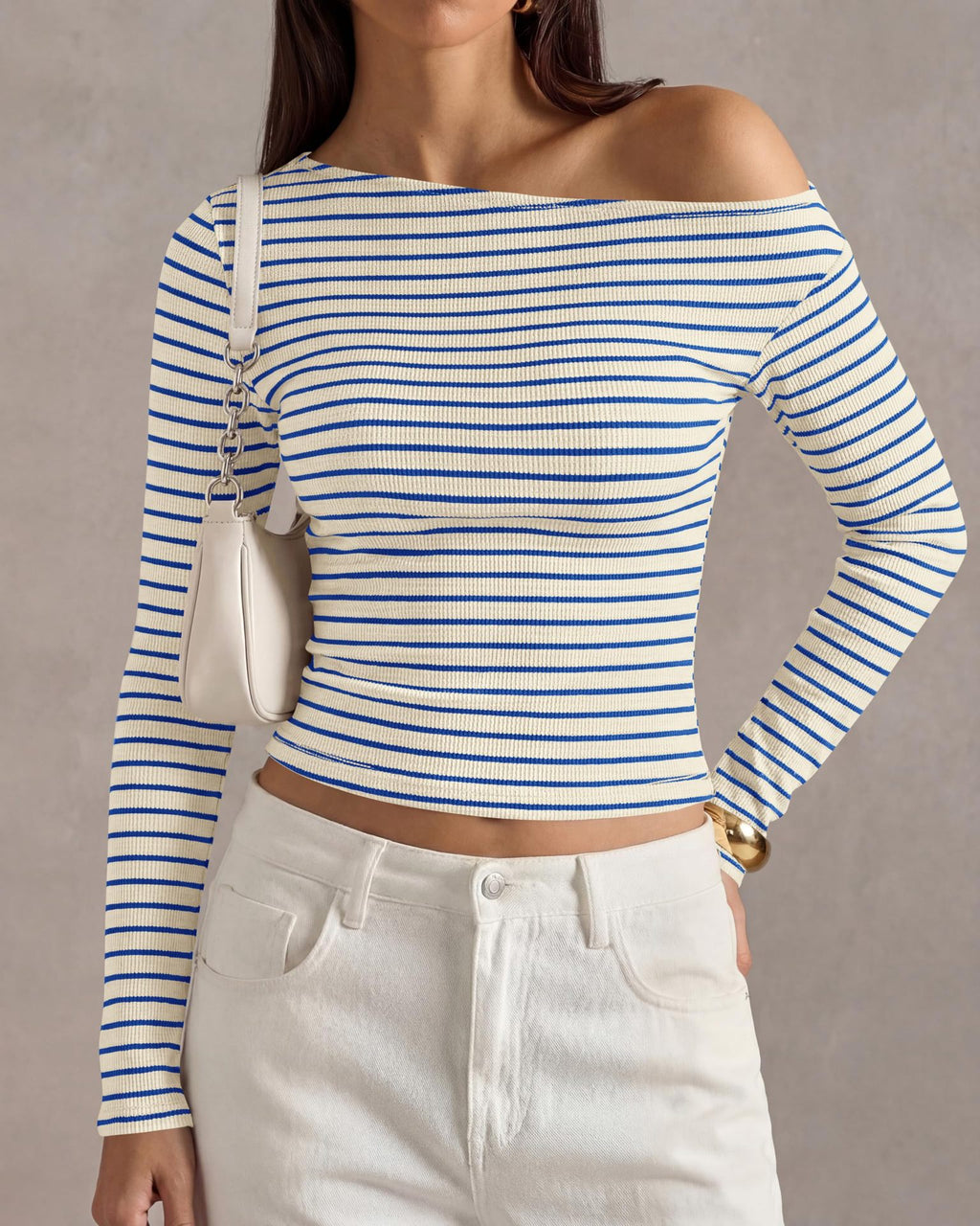 Coastal Striped Ribbed Off-Shoulder Long-Sleeve Top - Blue