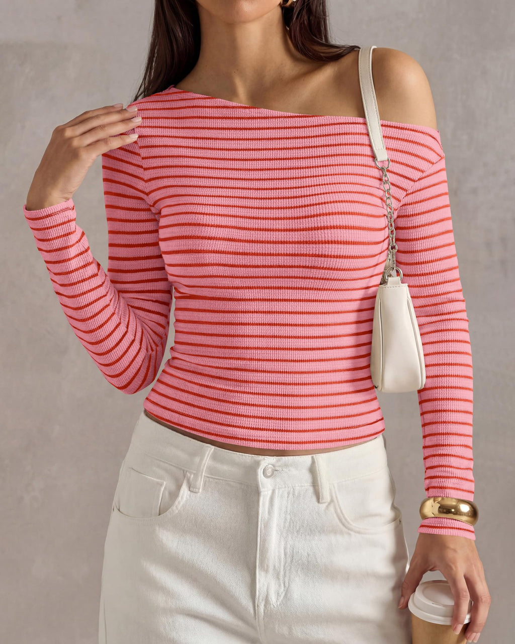 Coastal Striped Ribbed Off-Shoulder Long-Sleeve Top - Pink - 2