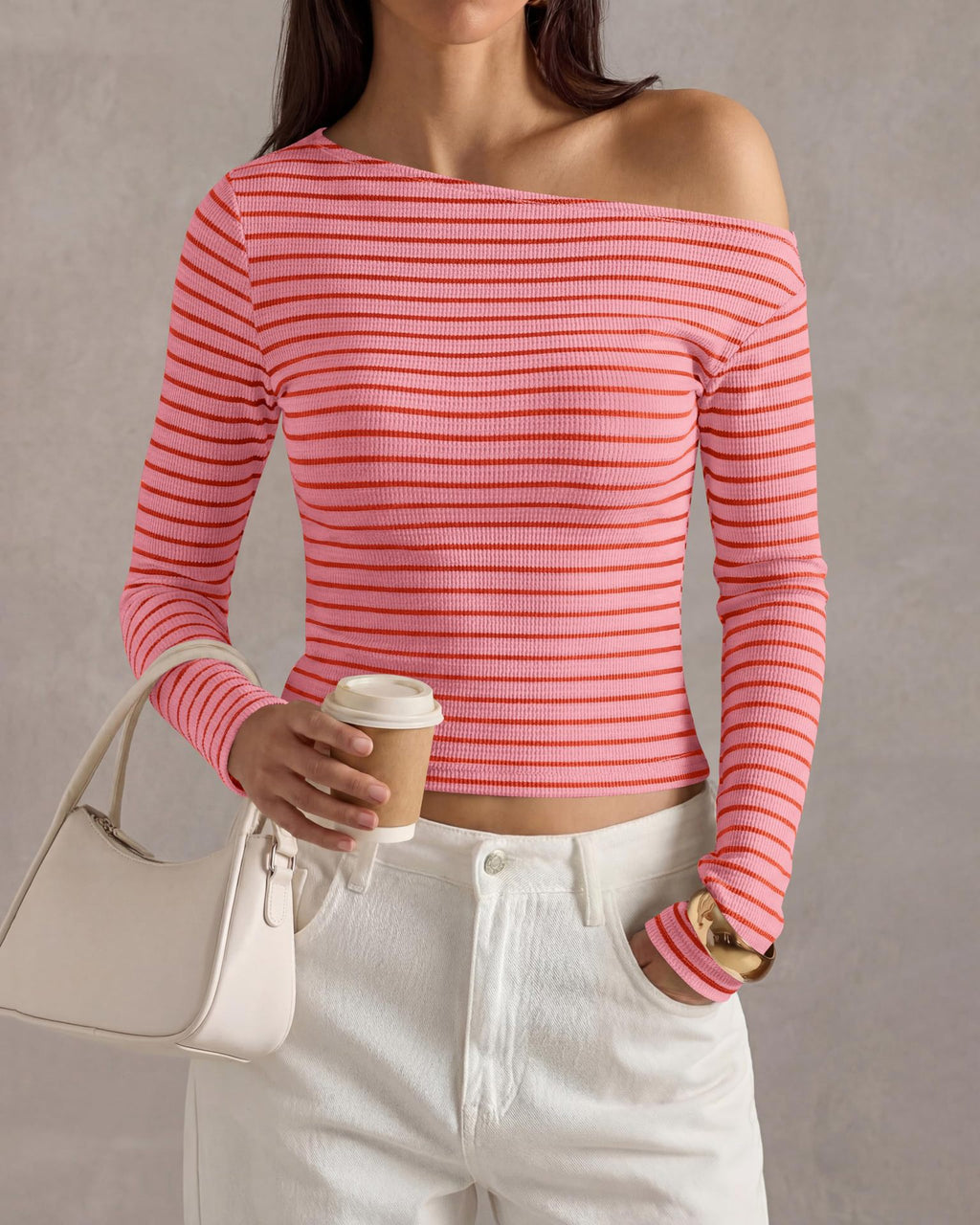 Coastal Striped Ribbed Off-Shoulder Long-Sleeve Top - Pink - 3