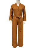 Belted Wide Leg Button Front Jumpsuit - Caramel