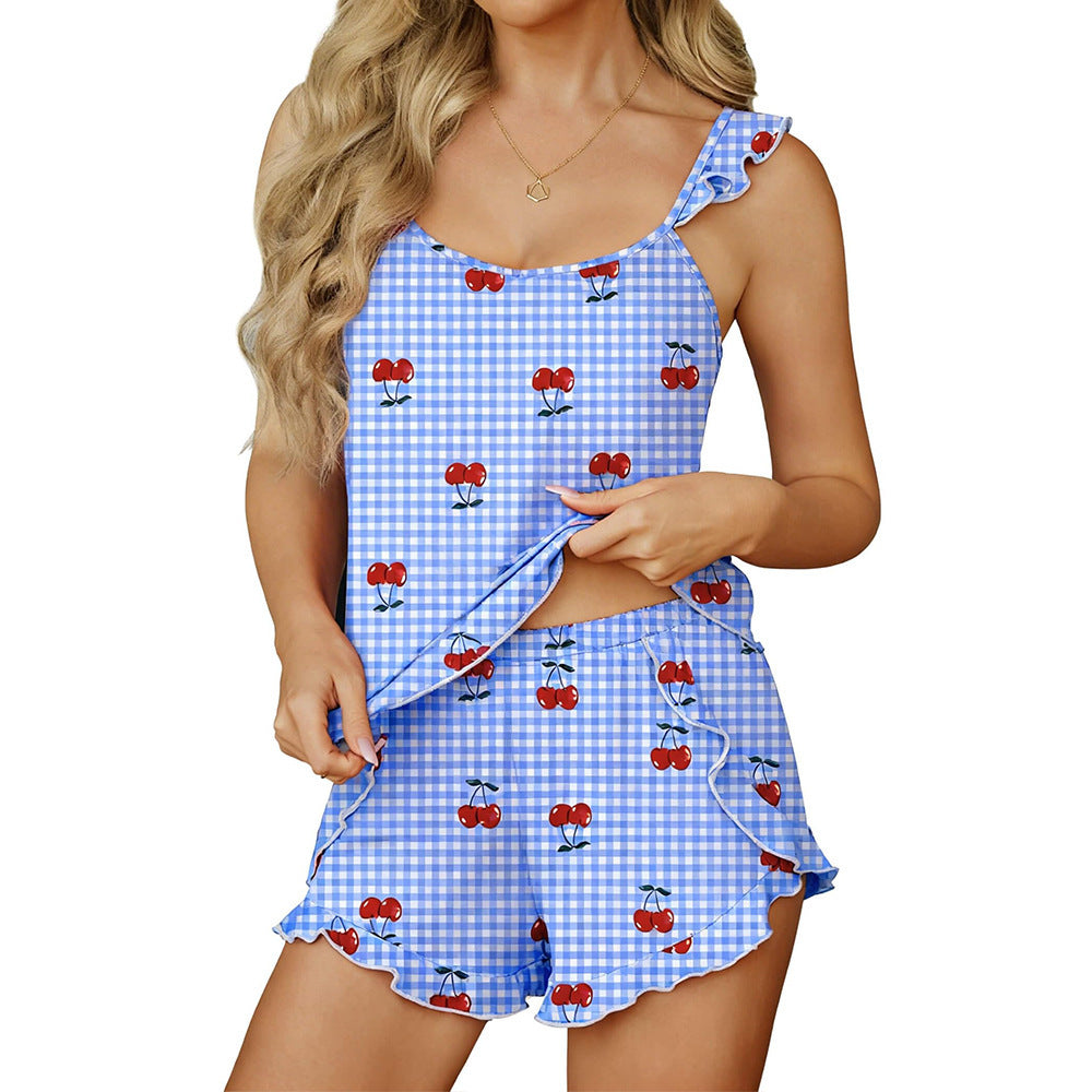 Frilled Cami Top And Shorts Lounge Set - Cherry - 1